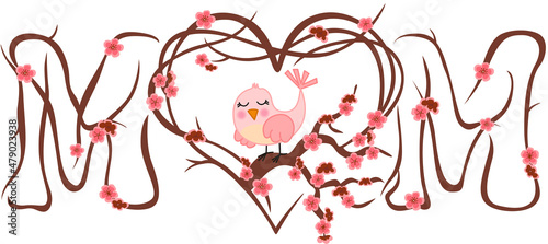 Mom word made of cherry blossom branch with cute bird.cdr