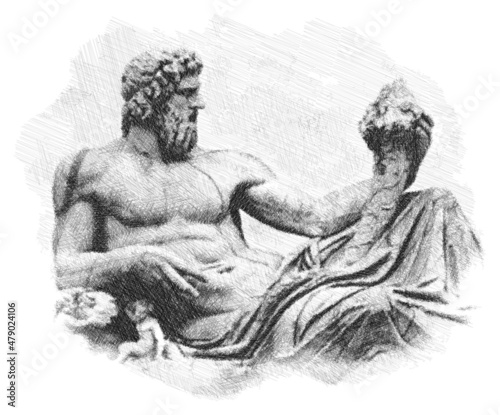 Pencil sketch drawing of the statue of the river god Tiberinus. Piazza del Campidiglio, Rome. Poster, Wall Decoration, Postcard, Social Media Banner, Brochure Cover Design Background. Vector Pattern.