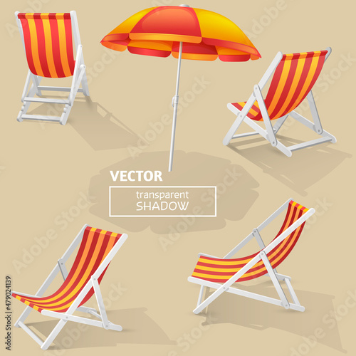 Striped sunchairs and beach parasol with transparent shadows isolated on beige sand.