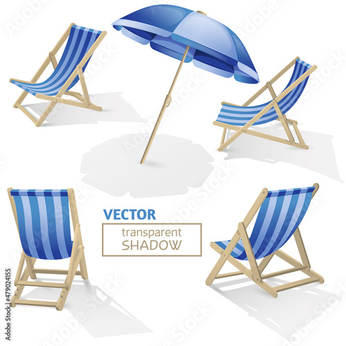 Striped sunchairs and beach parasol with transparent shadows isolated on beige sand.