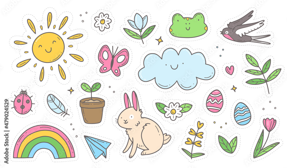 Set of spring doodle stickers. Set of spring cliparts, easter elements. Isolated illustration.