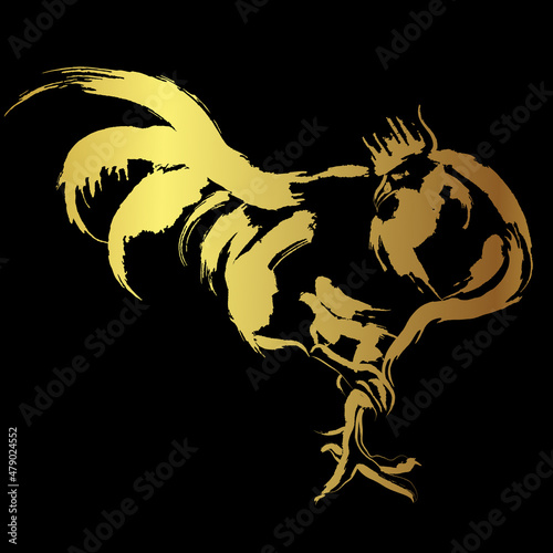 Rooster art .Golden brush stroke painting over black background