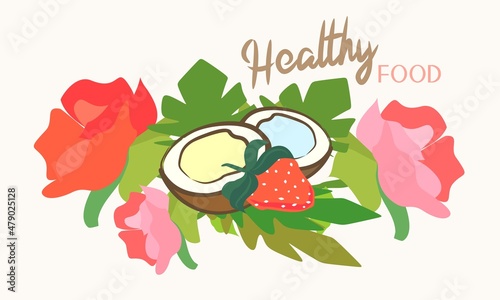  Image of different fruits and berries, leaves and flowers. Banner and illustration with healthy food. Fructose and natural juice.