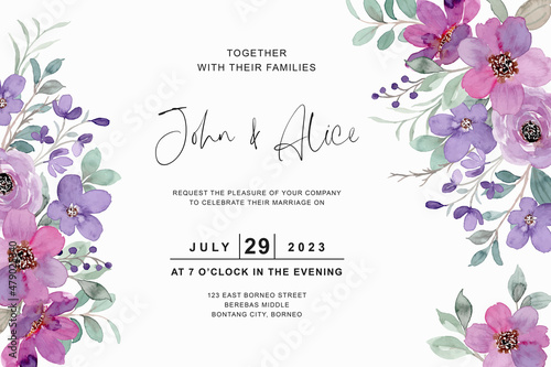Wedding template with purple floral watercolor
