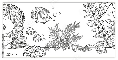 Underwater inhabitants against the backdrop of the seabed of corals, algae and anemones  outlined variation for coloring page