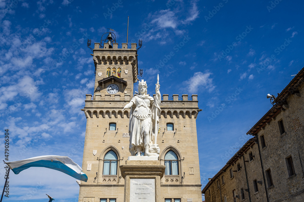 Statue of liberty in front of Palazzo Pubblico (town hall), Republic of San Marino