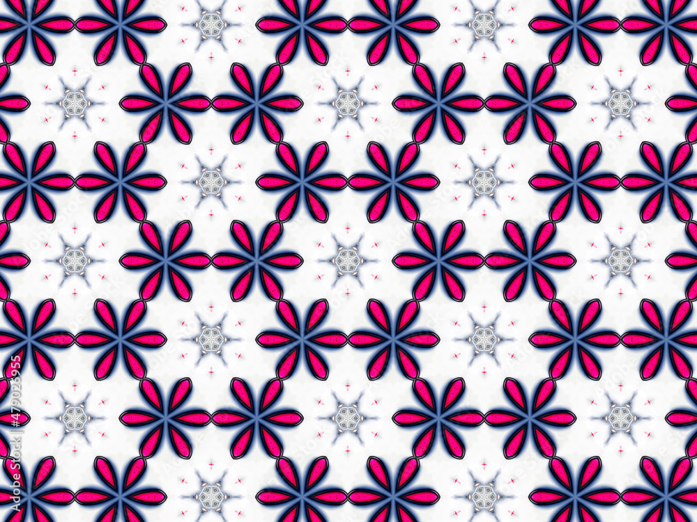 A sophisticated kaleidoscopic pattern in vibrant pink, red, grey and white colors. An elaborate fashion surface print for textile design, packaging, wrapping paper and stationery. A sophisticated kaleidoscopic pattern in vibrant pink, red, grey and white colors. An elaborate fashion surface print for textile design, packaging, wrapping paper and stationery.