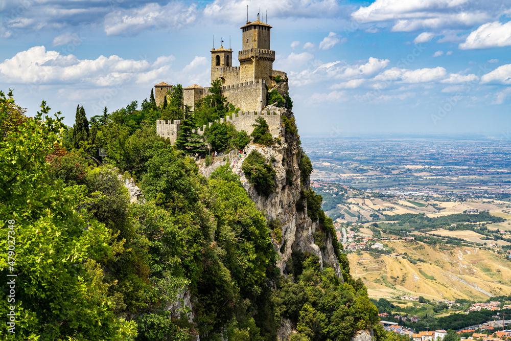 Scenic panoramic view at Republic of San Marino with the most iconic landmark, the Guaita tower