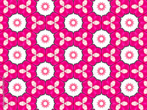 A sophisticated kaleidoscopic pattern in vibrant pink, red, grey and white colors. An elaborate fashion surface print for textile design, packaging, wrapping paper and stationery.
