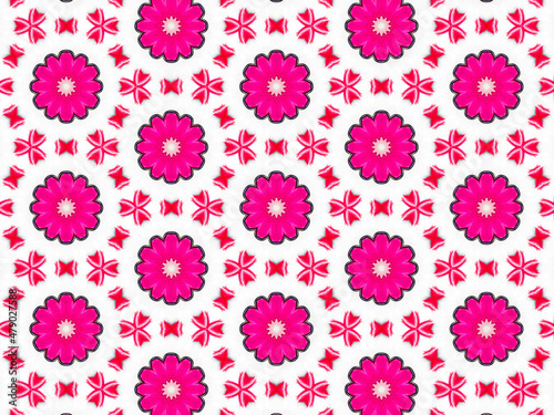 A sophisticated kaleidoscopic pattern in vibrant pink, red, grey and white colors. An elaborate fashion surface print for textile design, packaging, wrapping paper and stationery. photo