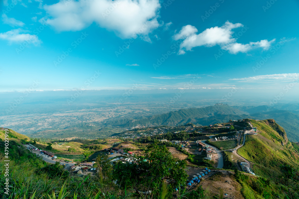 High angle view of Pha Hua Sing on a clear day, you can see the complicated mountainous area in the area of Phu Thap Boek, a tourist attraction of Phetchabun province.