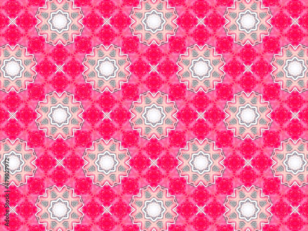 Obraz premium A sophisticated kaleidoscopic pattern in vibrant pink, red, grey and white colors. An elaborate fashion surface print for textile design, packaging, wrapping paper and stationery.