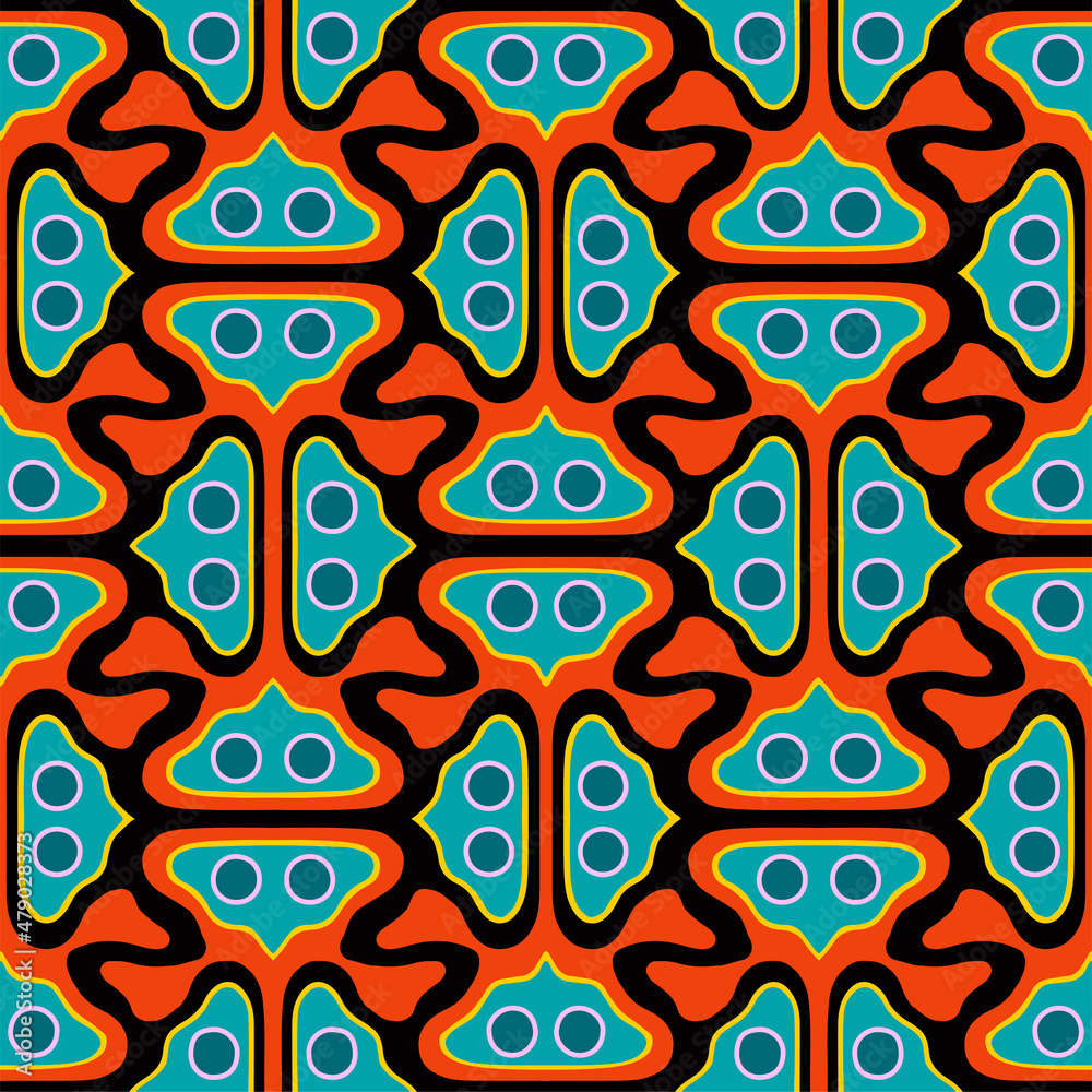 Colorful abstract lines and round shapes tile in a psychedelic colorful seamless vector pattern in 60s and 70s retro style.