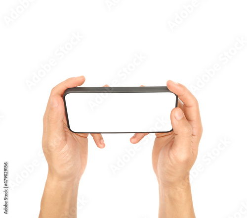 hand holding smartphone blank screen isolated white background 