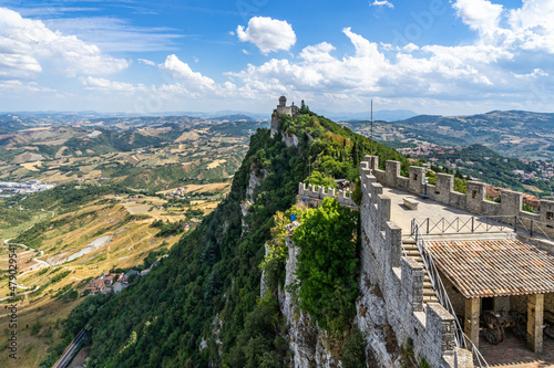 Scenic panoramic view over Republic of San Marino seen from Mount Titano