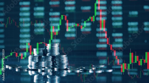 Wallpaper Mural Stock graphs and a pile of coins on a multilayered screen Torontodigital.ca