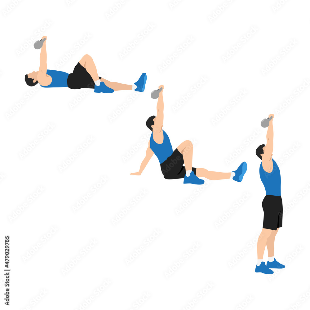 Man doing Turkish get ups exercise. Flat vector illustration isolated on white background