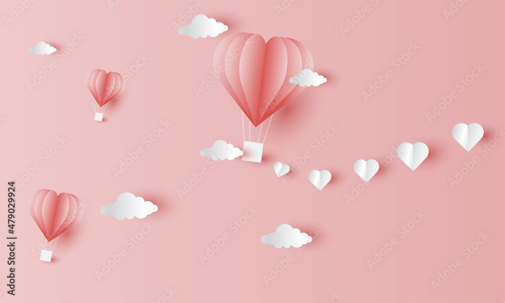 Valentine's themed background with paper cut style, with ornaments of hearts, hot air balloons, and clouds
