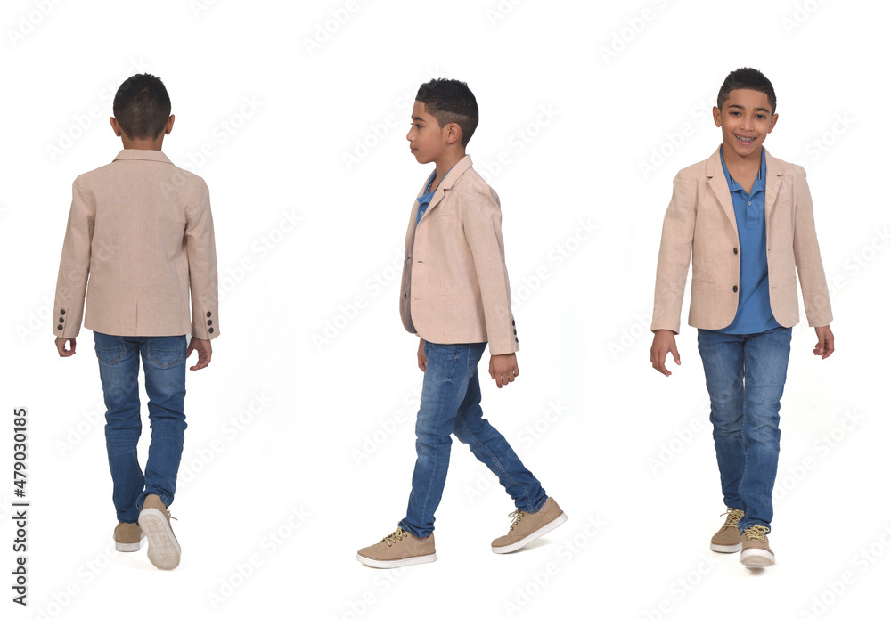 rear, front and side view of boy with jeans and blazer walking on white background rear, front and side view of boy with jeans and blazer walking on white background