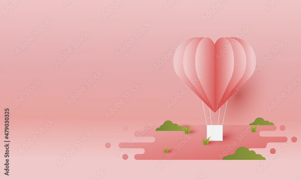 Valentine's themed background with paper cut style, with ornaments of hearts, hot air balloons, and clouds