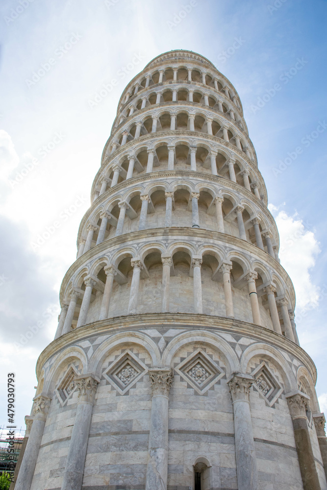 Pisa, Italy, September 2015, Leaning Tower, close-up, bottom view