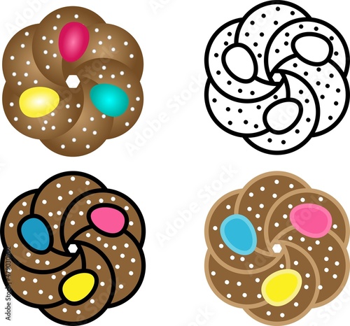 pane di pasqua italian easter bread with colored dyed eggs, scarcella di pasqua vector icon logo. Folar de pascoa