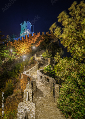 Night view of Guaita Tower at Passo delle Streghe (Pass of the Witches), San Marino