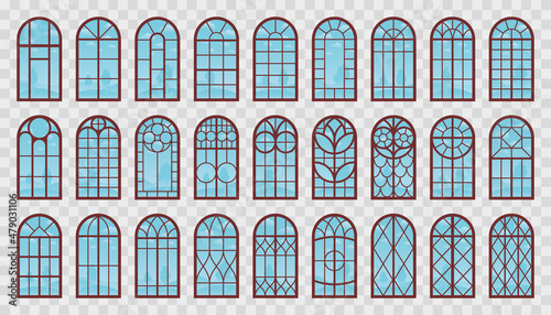 Window Arched Wooden Frames Collection. Vector Set of Isolated Windows with Sky Reflection for Outdoor View on Architecture Design.