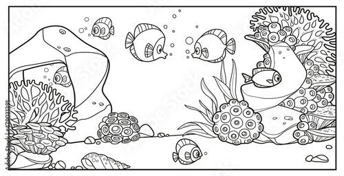 Underwater inhabitants against the backdrop of the seabed with corals, algae, stones, seashell and anemones outlined variation for coloring page