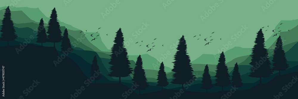 Fototapeta premium green landscape mountain scenery vector illustration for pattern background, wallpaper, background template, and backdrop design