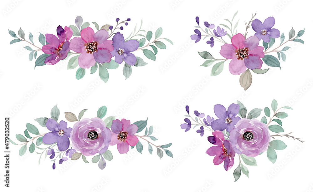 Purple green floral arrangement collection with watercolor