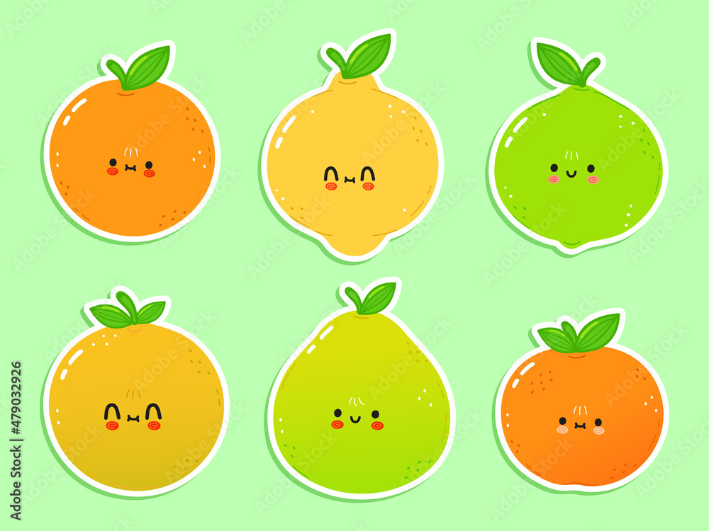 Cute happy citrus icons set. Vector hand drawn trendy cartoon character illustration. Set of citrus for a postcard, concept of a set of labels Cute happy citrus icons set. Vector hand drawn trendy cartoon character illustration. Set of citrus for a postcard, concept of a set of labels