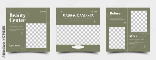 Set of spa and massage social media template. Square banner with green color and place for the photo. Suitable for social media, banner, and web internet ads.