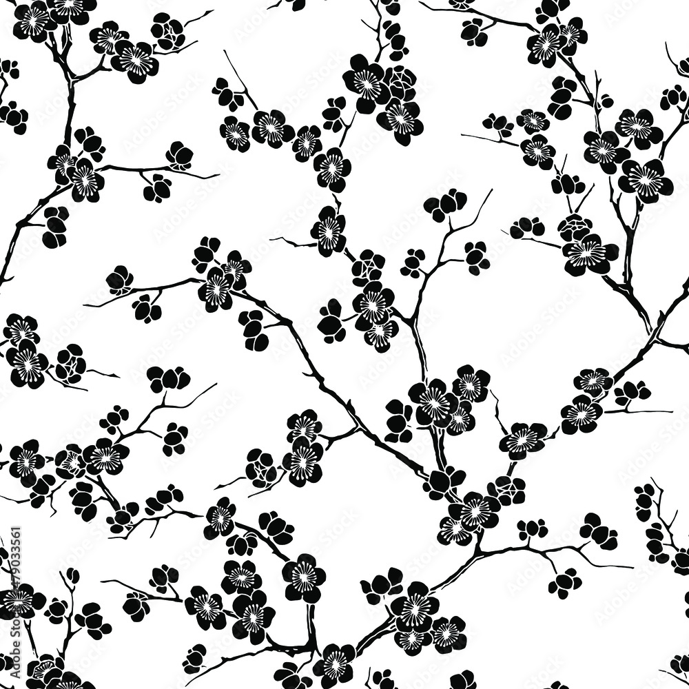 Naklejka premium Black and white seamless vector pattern of cherry flowers in blossom and branches on white background.