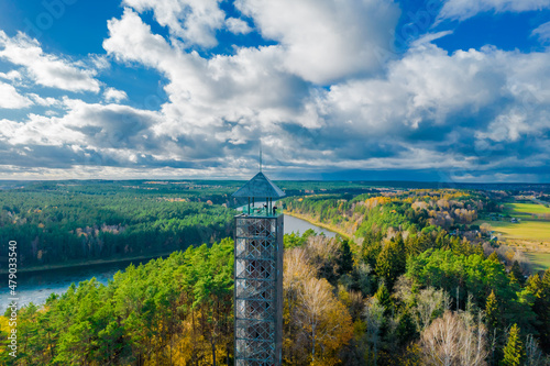 Tallest Lithuanian observation view tower in Birstonas resort in autumn on the shore of Nemunas river