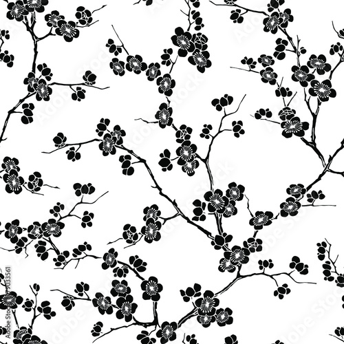 Black and white seamless vector pattern of cherry flowers in blossom and branches on white background.