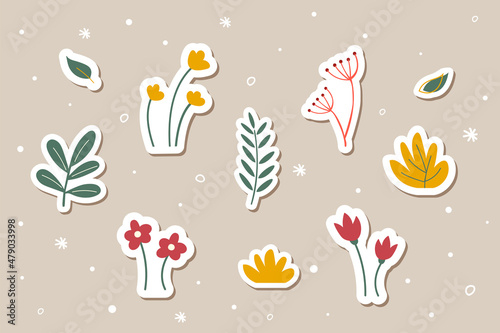 Set of spring stickers with hand-drawn illustration