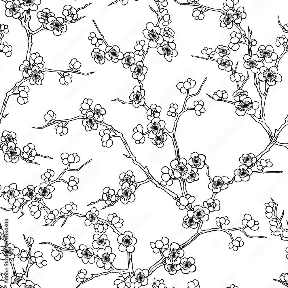 Black and white seamless vector pattern of cherry flowers in blossom and branches on white background.
