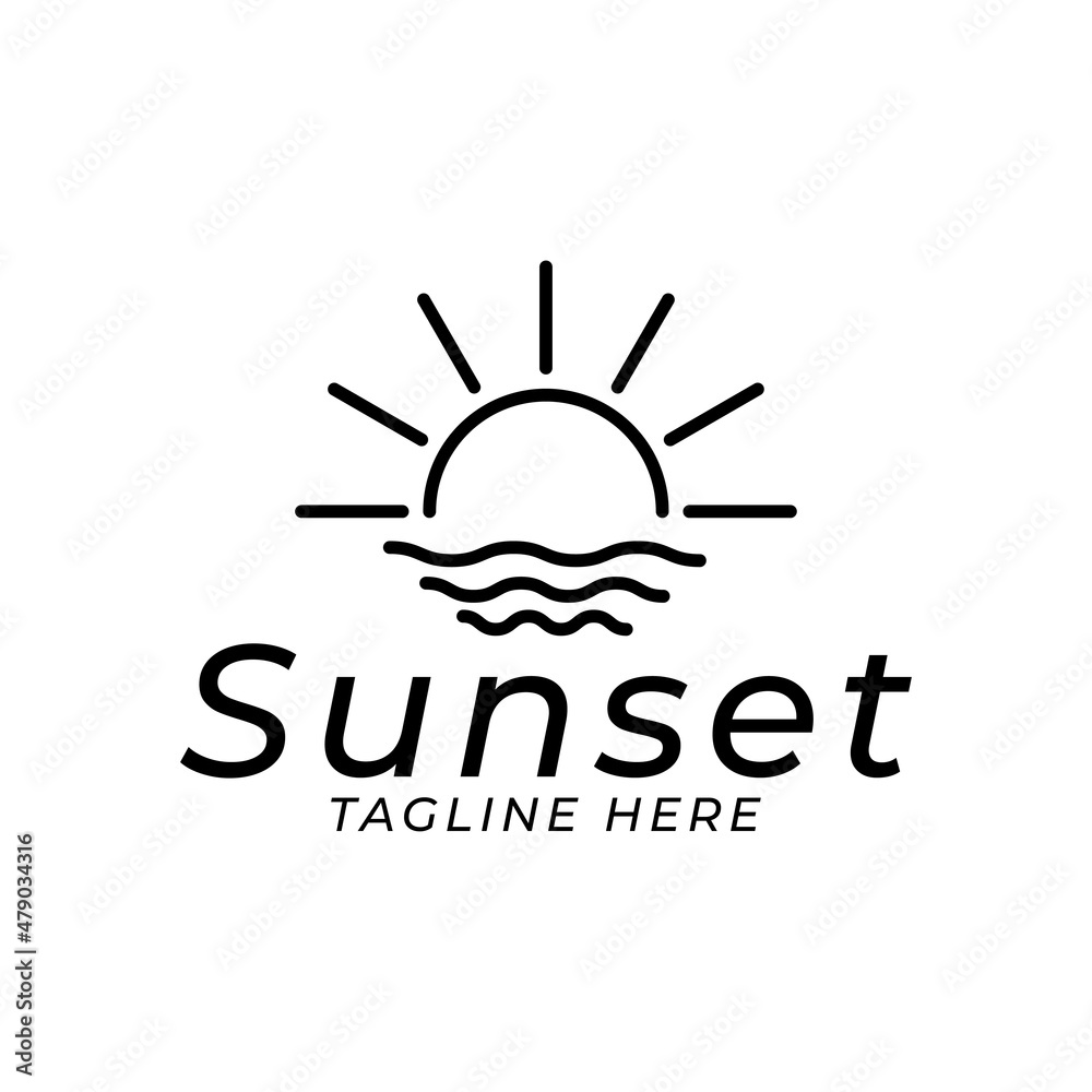 Retro sunset above the sea or ocean with sun and water silhouette. Vintage styled summer logo or icon design isolated on white background. Vector illustration. Retro sunset above the sea or ocean with sun and water silhouette. Vintage styled summer logo or icon design isolated on white background. Vector illustration.