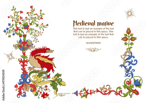 Floral and animal vintage Medieval illuminati manuscript inspiration. Romanesque style. Template for greeting card, banner, gift voucher, label. Vector illustration.