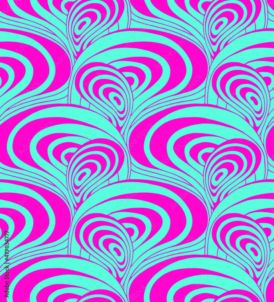 Psychedelic cyan and magenta seamless vector pattern of waving lines in the 60's and 70's optical art style. Psychedelic cyan and magenta seamless vector pattern of waving lines in the 60's and 70's optical art style.
