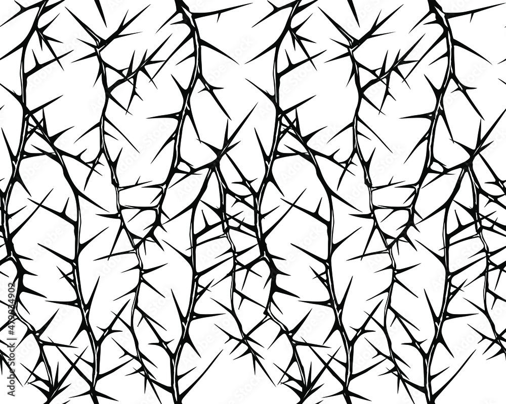Hand drawn vector seamless black and white pattern of tangled vertical briar patch with stems and thorns.
