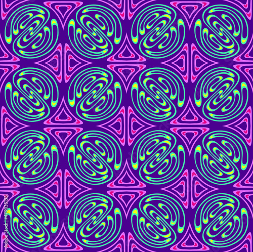 Psychedelic colorful seamless vector pattern in the 60's and 70's style with tiled swirling green and red lines on dark burgundy  background.