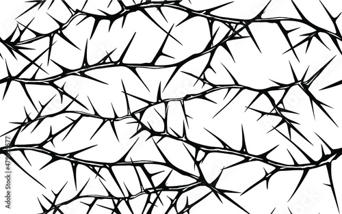 Hand drawn vector seamless black and white pattern of tangled horizontal briar patch with stems and thorns.