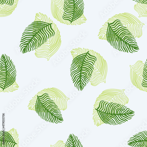 Abstract palm leaf seamless pattern with hand drawn foliage print. Simple Jungle background. Vector illustration for seasonal textile prints.