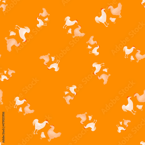 Seamless pattern of chicken family. Domestic animals on colorful background. Vector illustration for textile.