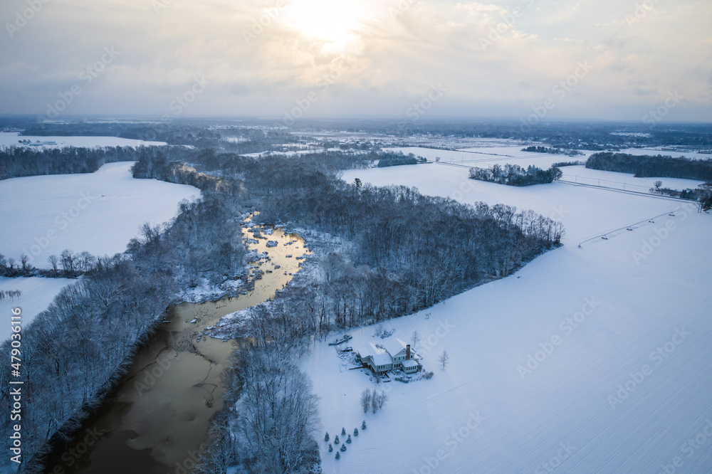 Obraz premium Aerial Drone of Snow in Princeton Plainbsoro Cranbury
