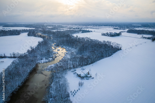 Aerial Drone of Snow in Princeton Plainbsoro Cranbury © Jin