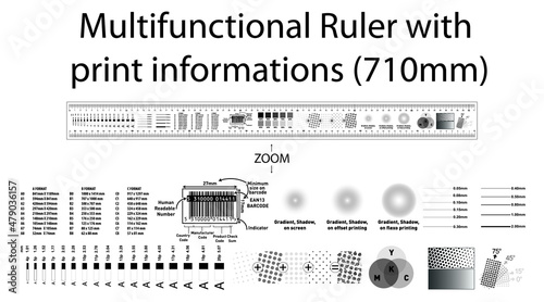 Real size of multifunctional Ruler with print informations 710mm, barcode with all information, paper size format, thickness of line and text, gradient and more
