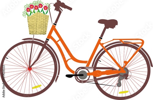 Vector flat illustration of city bike with basket of flowers